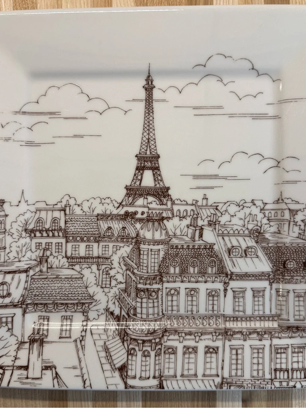 222 Fifth City Scenes Paris Eiffel Tower Square Dinnerware Set Plate & Bowl Trio